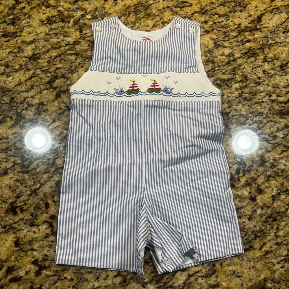 Silly Goose Boys Blue Pinstripe Hand Smocked Sailboat Whale Shortall Romper 12M